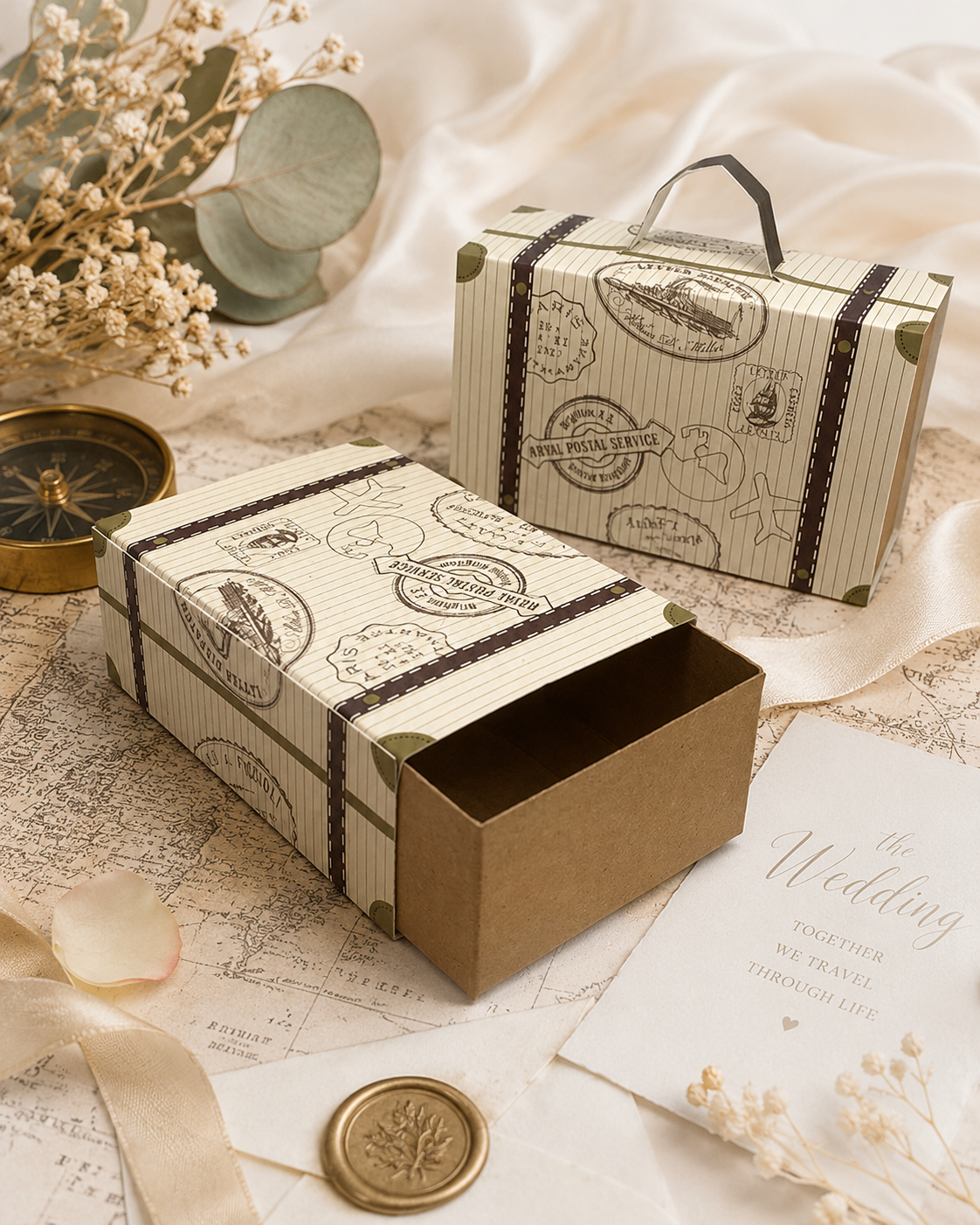 Scatolina valigetta vintage tema viaggio in cartoncino