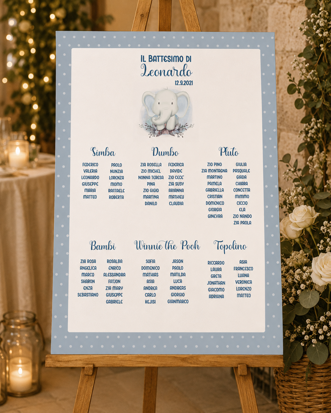 Tableau battesimo elefantino personalizzato su pannello in forex Fragola Lilla
