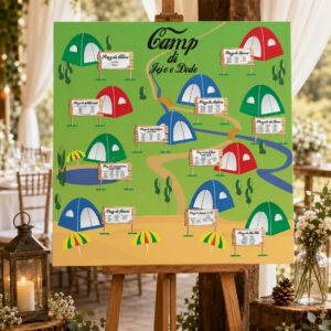 Tableau matrimonio tema campeggio personalizzato su pannello in forex