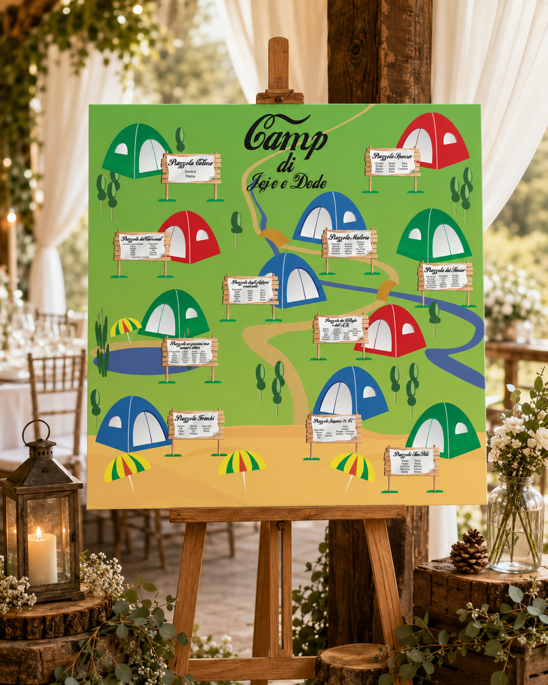 Tableau matrimonio tema campeggio personalizzato su pannello in forex