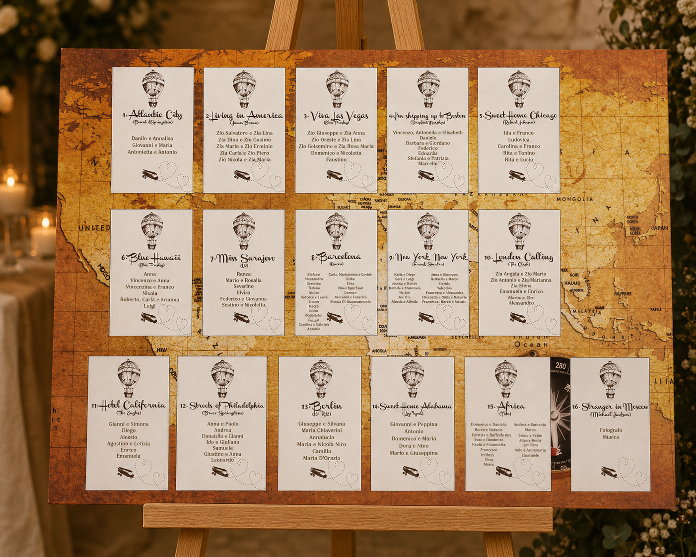 Tableau matrimonio tema canzoni di viaggio vintage personalizzato su pannello in forex