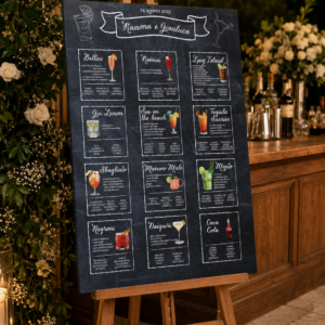 Tableau matrimonio tema cocktail personalizzato su pannello in forex