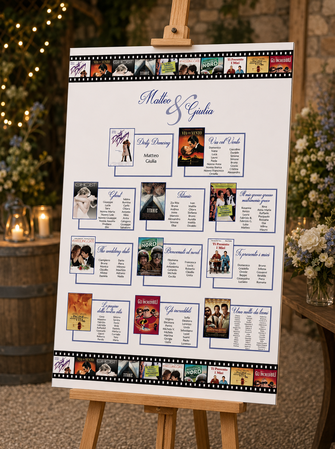 Tableau matrimonio tema cinema personalizzato su pannello in forex