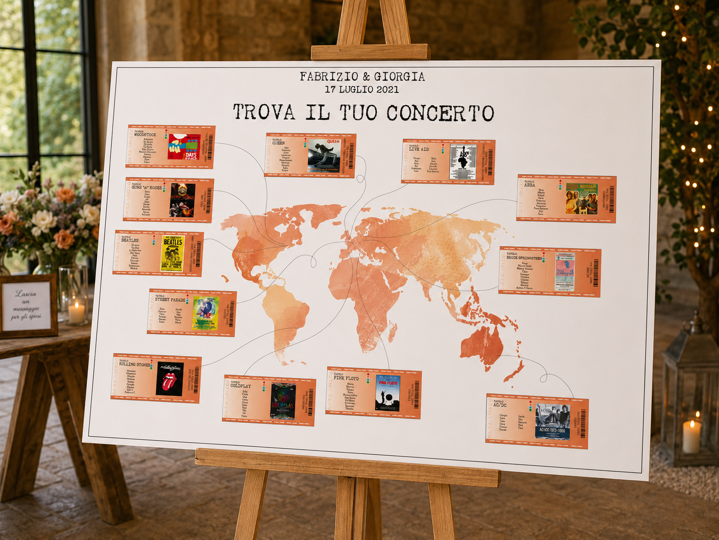 Tableau matrimonio tema musica concerti nel mondo personalizzato su pannello in forex