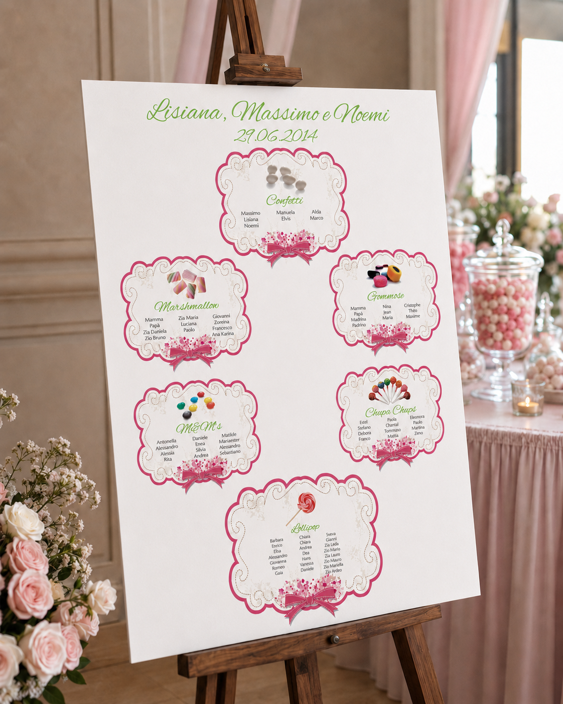 Tableau matrimonio tema dolci personalizzato su pannello in forex