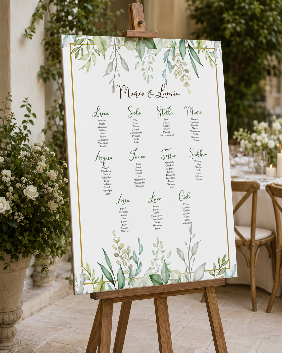 Tableau matrimonio tema greenery personalizzato su pannello in forex