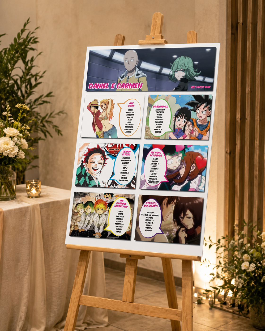 Tableau matrimonio tema fumetti Manga personalizzato su pannello in forex