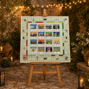 Tableau matrimonio tema giochi di società Monopoli personalizzato su pannello in forex