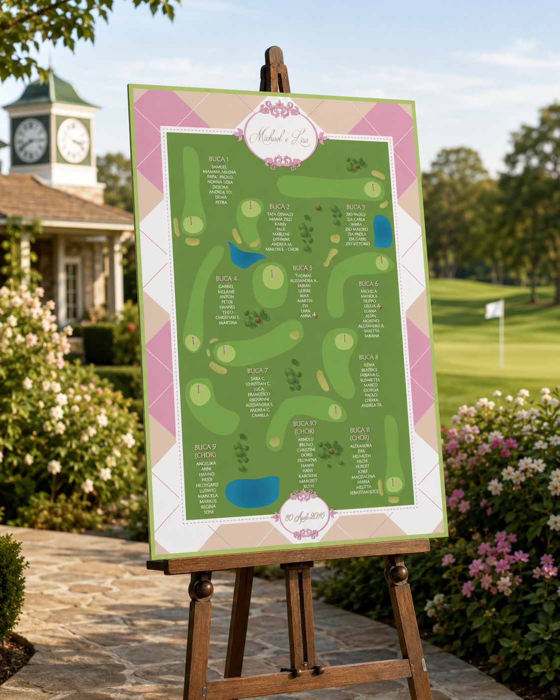 Tableau matrimonio tema golf personalizzato su pannello in forex