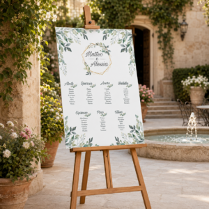 Tableau matrimonio tema greenery alberi personalizzato su pannello in forex