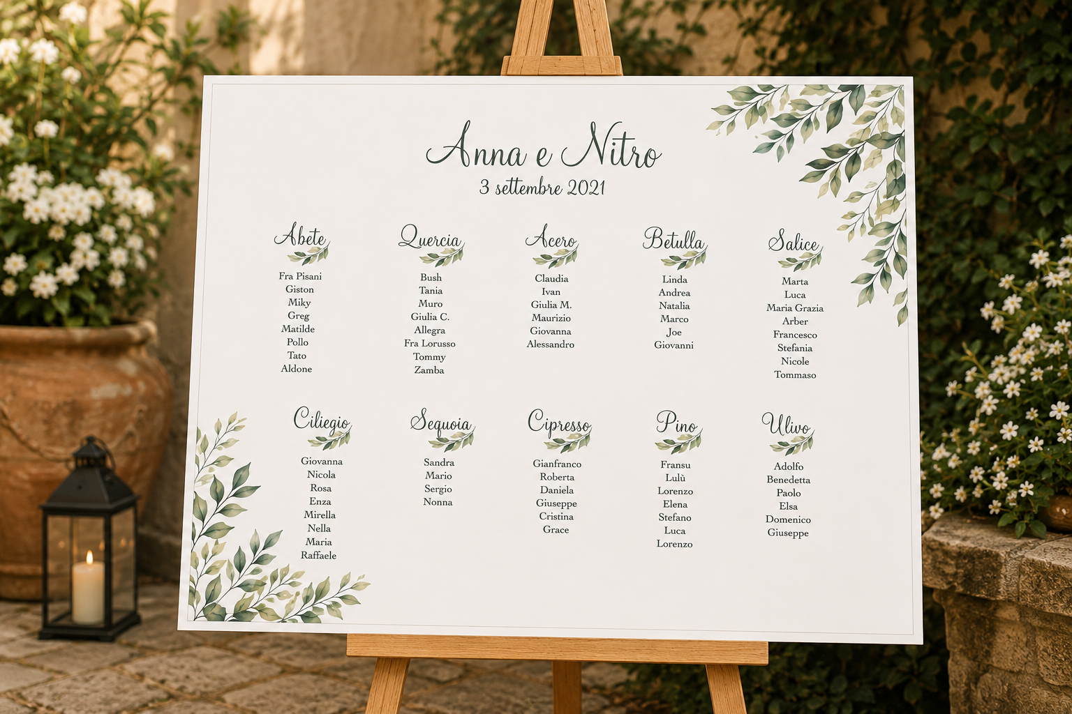 Tableau matrimonio tema greenery alberi personalizzato su pannello in forex
