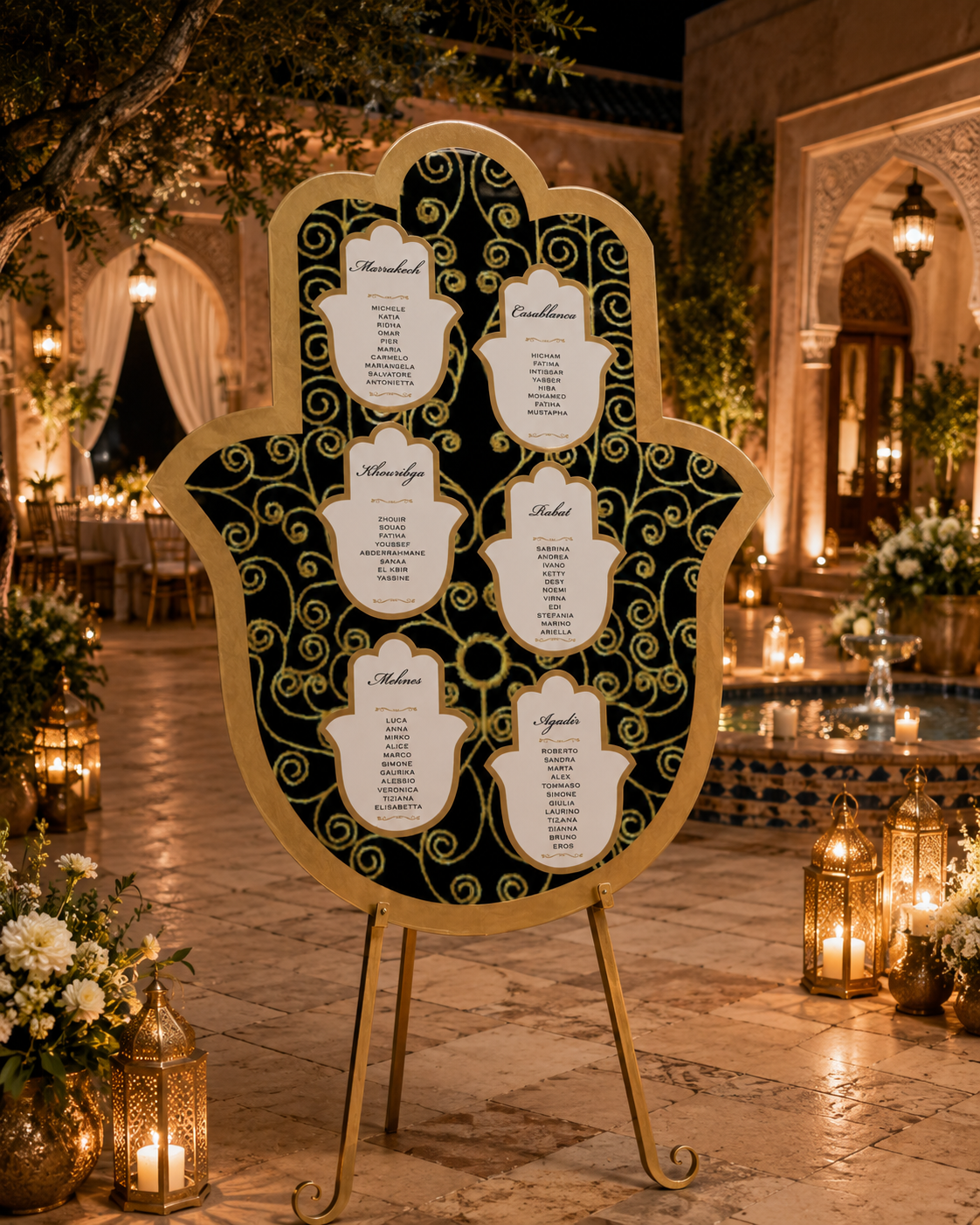 tableau tema mano di Fatima; tableau matrimonio personalizzato; tableau de mariage elegante; tableau nozze simbolico; pannello tableau matrimonio