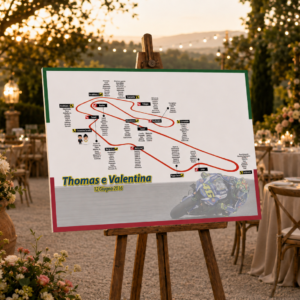 Tableau matrimonio tema MotoGP Mugello personalizzato su pannello in forex