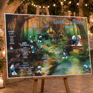 Tableau matrimonio tema Puffi personalizzato su pannello in forex
