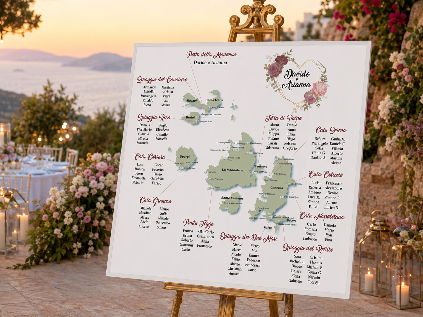 Tableau matrimonio tema Sardegna Arcipelago della Maddalena personalizzato su pannello in forex
