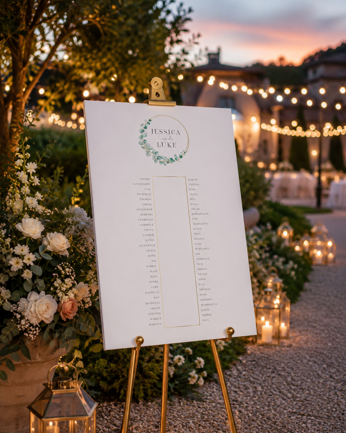Tableau matrimonio tema greenery per tavolo imperiale personalizzato su pannello in forex
