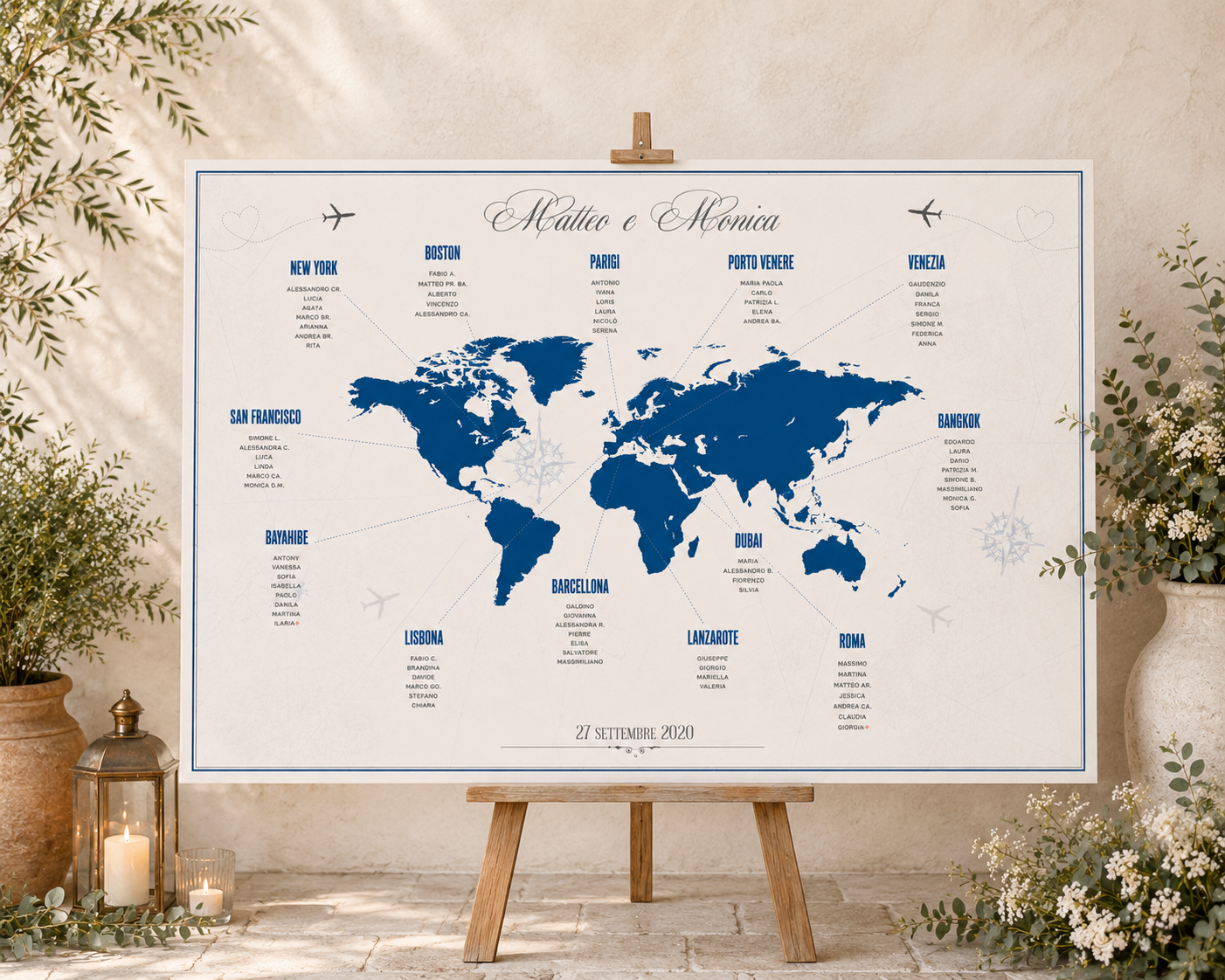 Tableau matrimonio tema viaggio planisfero personalizzato su pannello in forex