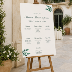 Tableau matrimonio tema greenery elegante personalizzato su pannello in forex