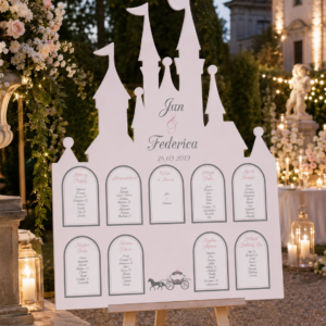 Tableau sagomato matrimonio tema castello delle fiabe personalizzato su pannello in forex